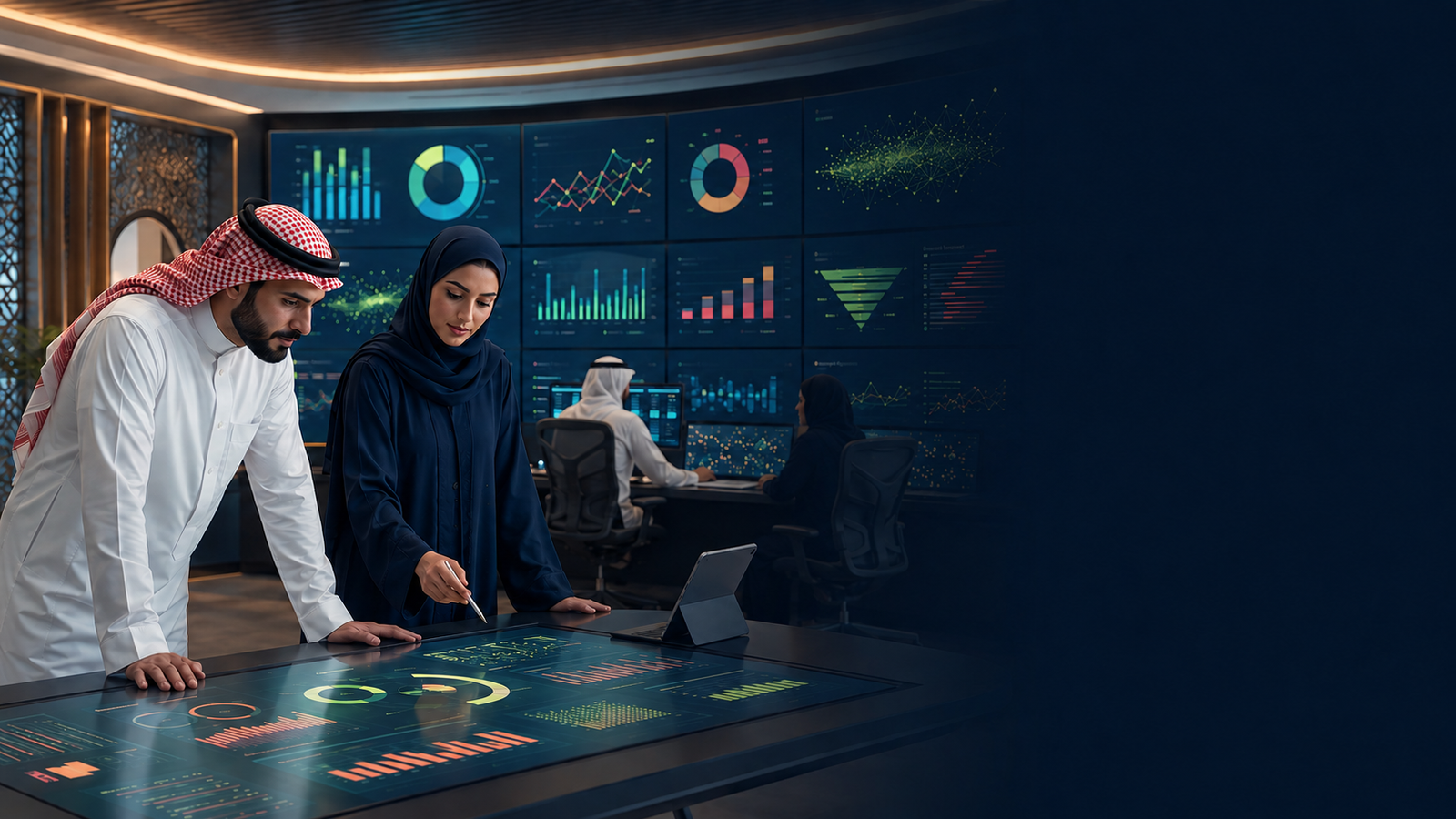 فريق تسويق خليجي يراجع لوحة أداء حملة إعلانية
